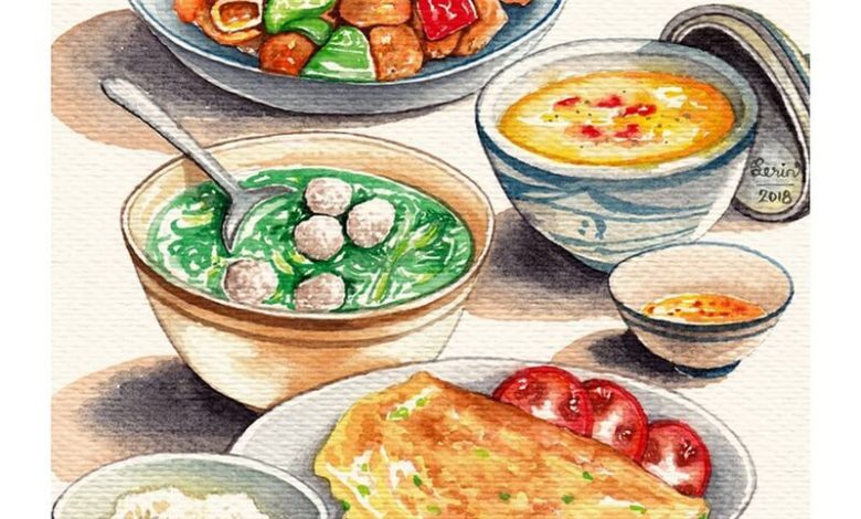 Hình vẽ mâm cơm đơn giản