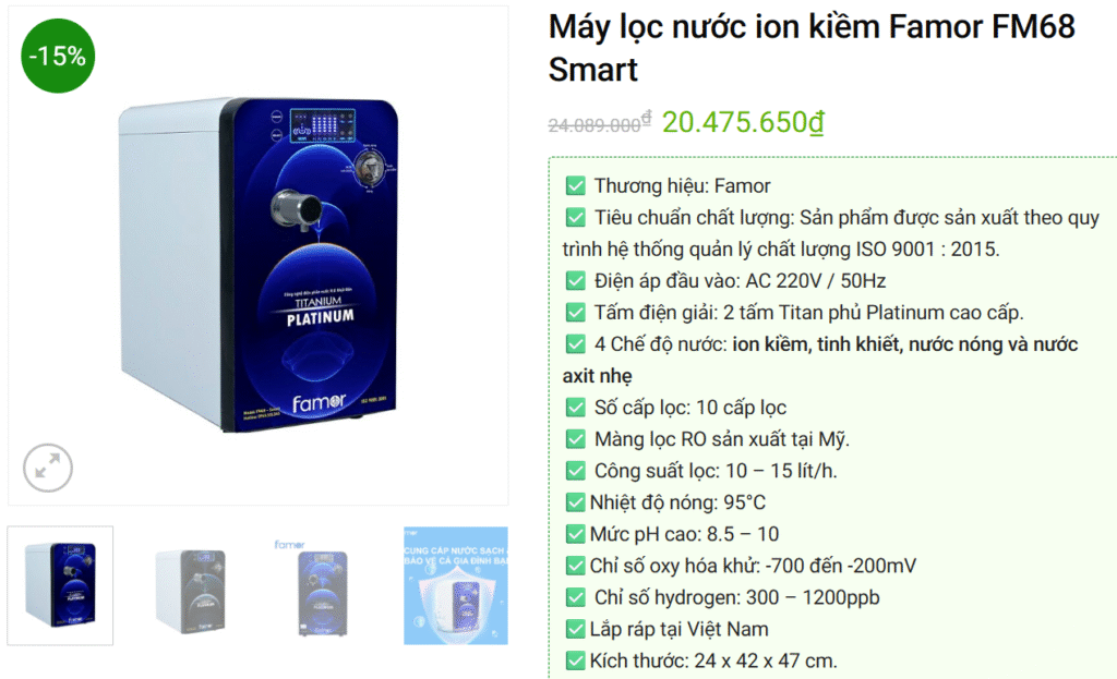 Máy Lọc Nước Ion Kiềm Famor FM68 Smart